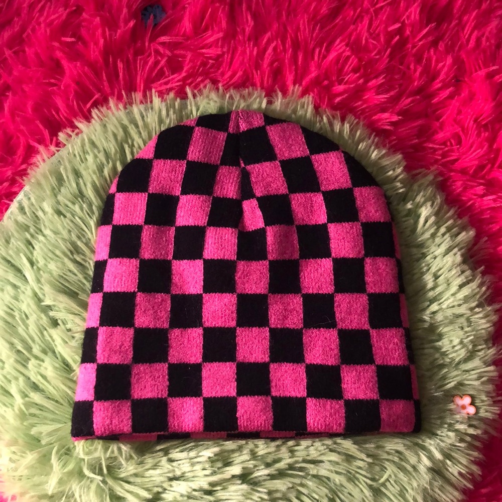 Pink and black checkered beanie hat